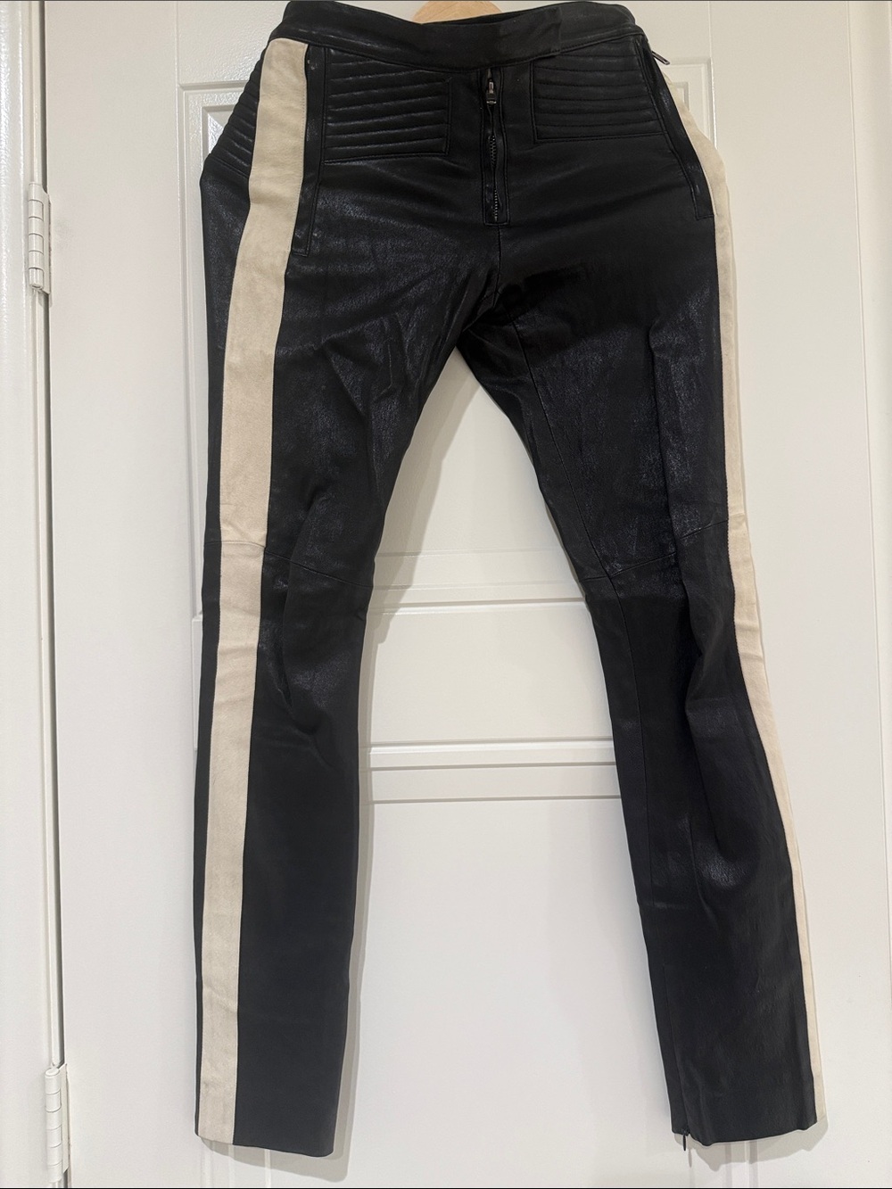 A.L.C. Black Leather Skinny Pants with Cream Side Stripes